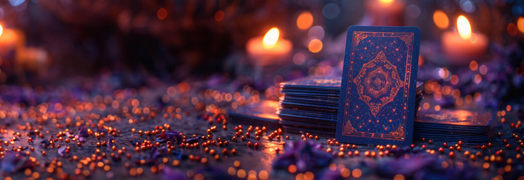 Tarot cards with candle light purple colors. fortuneteller reads fortunes by tarot cards and candles on the background. Astrology occult magic spiritual horoscopes and palm reading