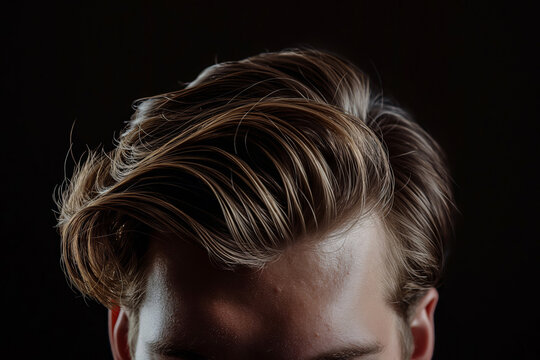Close-up of a man's stylish comb-over hairstyle with detailed texture on a dark backdrop