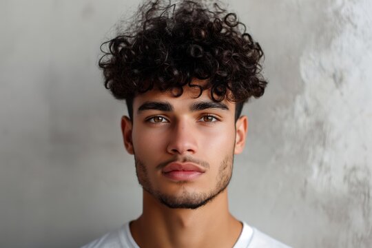 Close-up of a stylish young man showcasing his modern curly undercut against a neutral background