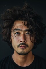 Fototapeta premium Close-up portrait showcasing a man's wild and messy bedhead hairstyle against a dark background