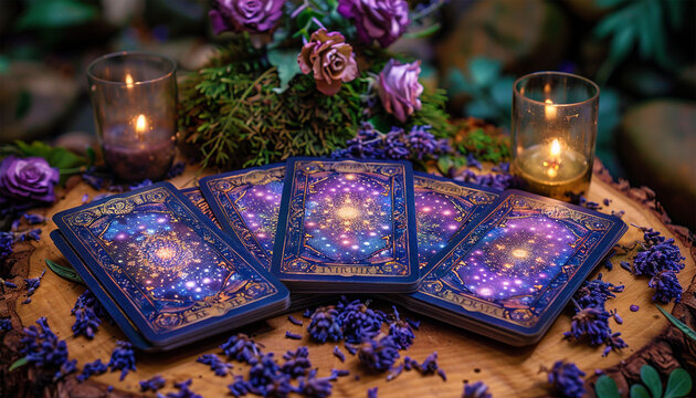 Tarot cards with candle light purple colors. fortuneteller reads fortunes by tarot cards and candles on the background. Astrology occult magic spiritual horoscopes and palm reading