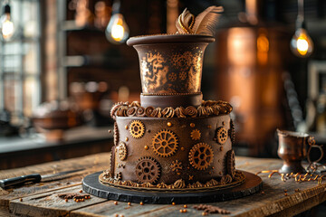 Steampunk-themed cake with top hat design and intricate gear details on a wooden table - obrazy, fototapety, plakaty