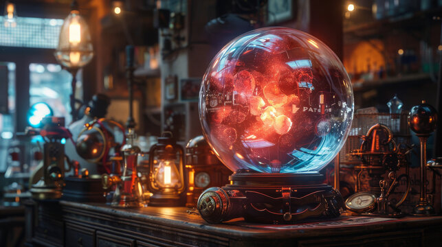 Fantasy steampunk crystal ball with glowing inner machinery on an antique wooden desk