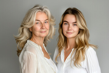 Two women, one older and one younger, are posing for a photo. The older woman has gray hair and is wearing a white shirt, while the younger woman has brown hair and is wearing a white shirt as well