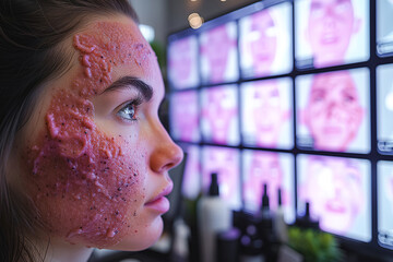 A patient in a video call with a dermatologist, discussing a skin issue, with the patient's skin condition visible on the screen. 