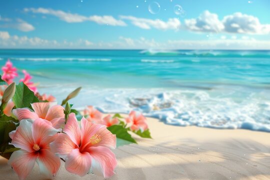 Paradise Beach, White Sand, Plumeria, Ocean Wave, Exotic Beach, Tropical Vacation, Hibiscus Flowers