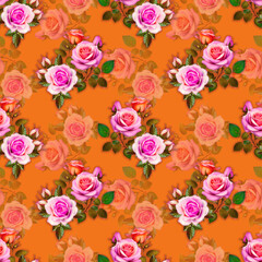 Beautiful watercolor flower patterns on an Orange background. Pattern design