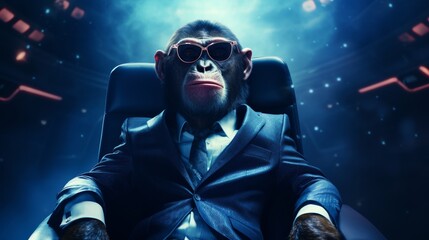 Monkeys in tailored suits debate the future of space colonization, surrounded by 3D holograms of galaxies, realistic - obrazy, fototapety, plakaty