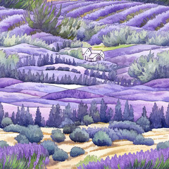 A serene and calming seamless pattern showcasing watercolor-style countryside landscape with blooming lavender fields - 781454909