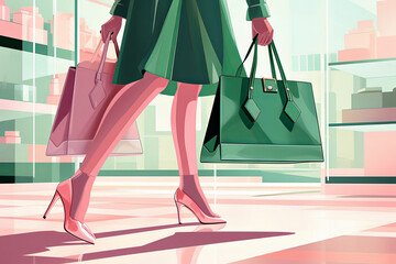 Illustration of a beautiful woman's legs walking through the mall with bags - 781454919