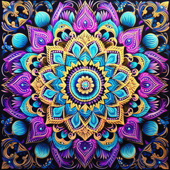 Abstract illustration of an intricate mandala design, with symbolism and detail, floral patterns - 781454924