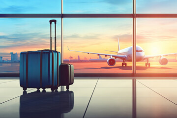 Illustration of suitcases in the airport lounge, against airplanes in the large window. Travel concept - 781454935