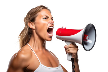 Beautiful woman yells into a megaphone, isolated on a transparent background - 781454950