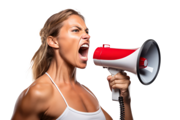 Beautiful woman yells into a megaphone, isolated on a transparent background