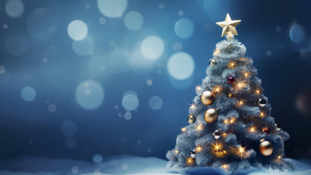 Christmas blurred background with tree,  decorations on blue background with holidays bokeh lights, banner, copy space. Shallow depth of field