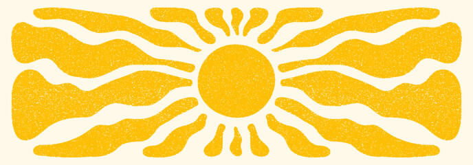 Sun groovy retro horizontal background. Sun burst hippie banner with vintage grainy texture, hand drawn abstract wavy pattern in 60s, 70s. Modern Matisse style summer vector illustration