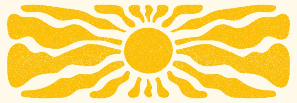Sun groovy retro horizontal background. Sun burst hippie banner with vintage grainy texture, hand drawn abstract wavy pattern in 60s, 70s. Modern Matisse style summer vector illustration