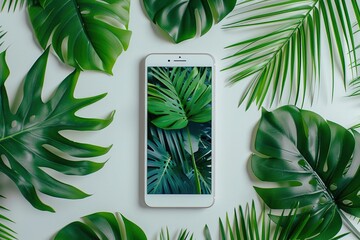 phone laying with palm leaves top view 