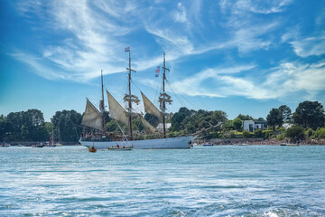 An old sailing ships at the Ile-aux-Moines island,  beautiful seascape in the Morbihan gulf,...