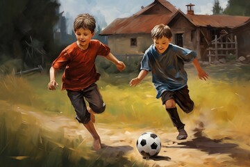 Two young boys joyfully playing soccer on a grass field in a rural setting