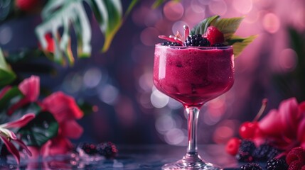 A refreshing berry smoothie adorned with a delicate garnish, served as a nutritious non-alcoholic beverage, perfect for summer relaxation and health-conscious individuals.