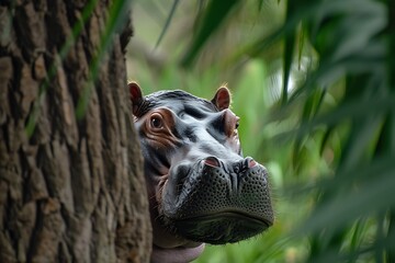 Close-Up of Majestic Hippopotamus Peeking from Behind Tree, Captured in Natural Habitat, Perfect for Wildlife Enthusiasts and Nature Documentaries