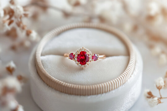 Elegant ruby engagement ring in velvet box