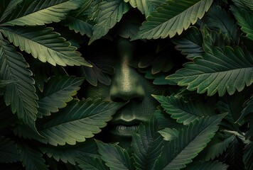 Intricate artwork of a face camouflaged by rich green leaves, blending the human form with natural elements.