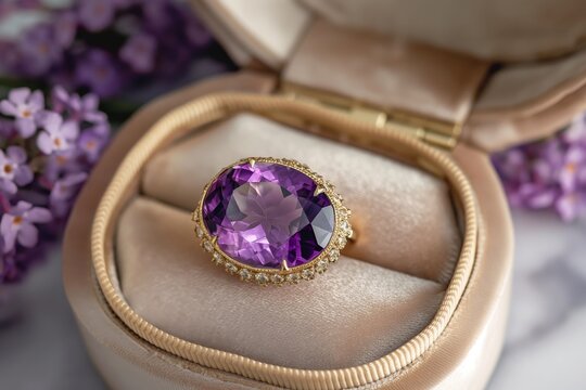 Elegant amethyst ring in box with flowers