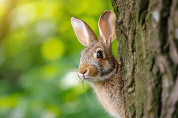 Naklejka na ściany i meble Adorable Wild Rabbit Peeking from Behind a Tree in Lush Green Foliage - Perfect Capture of Wildlife in Spring Season