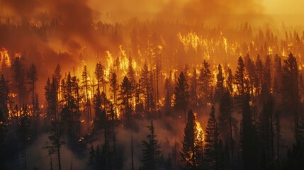 Forest Fire Engulfs Trees at Dusk - obrazy, fototapety, plakaty