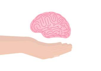 Brain. Hand Holding Human Brain. Brainstorm, Creativity and Thinking Idea Concept. Vector Illustration. 