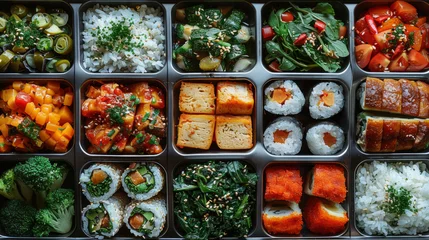Foto op Plexiglas A tray of assorted Asian food including sushi, vegetables, and rice © tope007