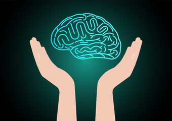 Brain. Hand Holding Human Brain. Brainstorm, Creativity and Thinking Idea Concept. Vector Illustration. 