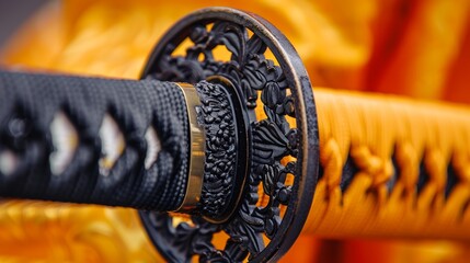 Detailed view of a katana sword hilt with intricate black design. Close-up of Japanese sword handle with selective focus - obrazy, fototapety, plakaty