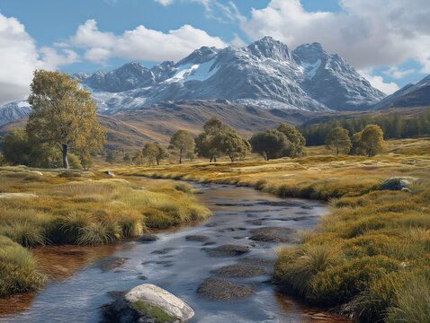 A river runs through a grassy field with mountains in the background. The scene is peaceful and serene, with the water reflecting the surrounding landscape