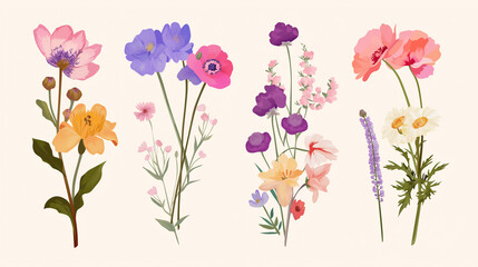 Conjunto de flores coloridas isolada no fundo branco - Ilustração