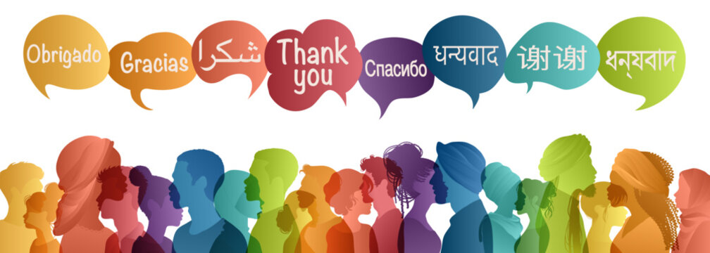 Speech bubbles with text Thank you in various international languages.Group of silhouette multicultural people profile from different country and continents.Thanks.Thankful.Diversity