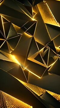 3D geometric shapes moving, background in black and gold, vertical video