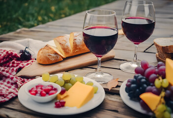 Rustic outdoor picnic setting with two glasses of red wine, a fresh baguette, assorted cheeses,...