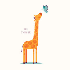 Cute giraffes and  butterfly. Children's background with cartoon character. Vector graphic - obrazy, fototapety, plakaty