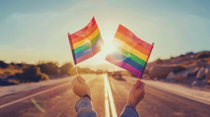 Two hands holding rainbow flags against a sunny sky with lens flare - obrazy, fototapety, plakaty