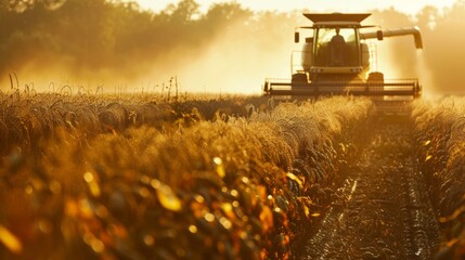Fototapeta premium Combine harvester in cornfield at sunset