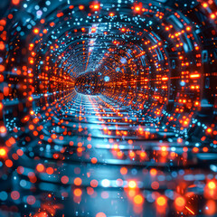 A spiral tunnel with bright lights and a blue background. The tunnel is illuminated with a blue and...