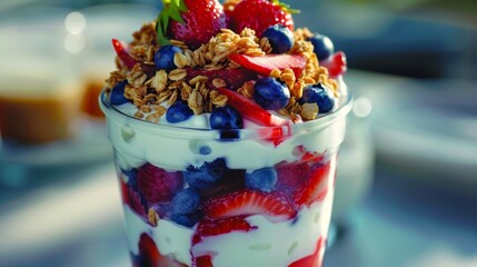 Layered fruit parfait with granola and honey drizzle. Healthy eating and breakfast concept. Design for menu,