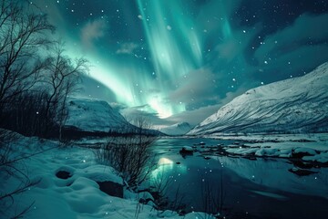 The aurora borealis dancing in the night sky over a tranquil snow-covered landscape  , AI generated