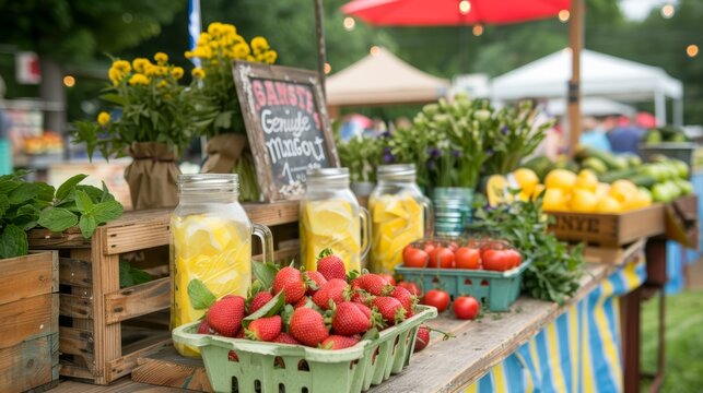 Fresh strawberries and lemons on sale at a farmer's market. Outdoor food market with natural produce