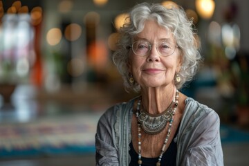 A serene elderly yoga instructor, adorned in a pink scarf and unique necklace, exudes wisdom and tranquility in a well-lit studio