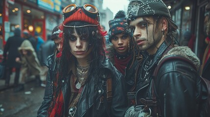 Capture the spirit of rebellious fashion in a realistic photo of a group of friends dressed in alternative styles