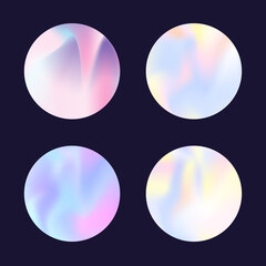Gradient round set with holographic mesh. Abstract hologram. Spectrum gradient round set. Minimalistic 90s, 80s retro style graphic template for placard, presentation, banner, brochure.